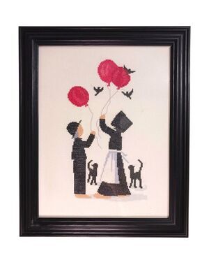 Vtg Diane Graebner Completed Cross Stitch Framed Balloon Play Amish Cottagecore
